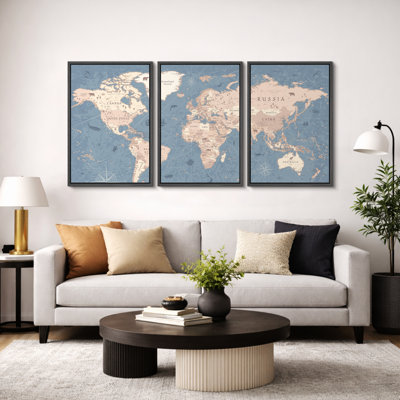 World Map "Blue Global Antique Atlas Map Artwork, Modern Organic Office Decor Wall Pictures, Framed Canvas Giclée Print 3 Pieces Wall Art"