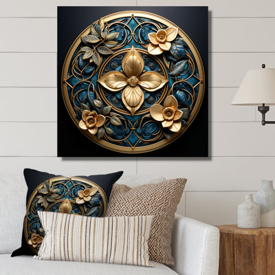 Sceau d'or et fleurs bleu sarcelle sur toile