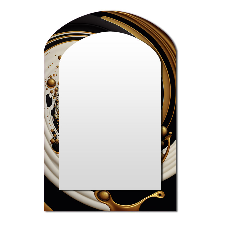 Black, Silver And Gold Blending Swirls IV - Abstract Spirals Asymmetrical Decorative Wall Mirror, Black Arch Large Mirror, Printed Metal Art