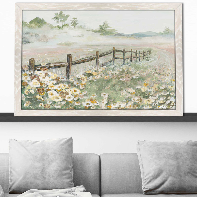 Clôture avec fleurs par Patricia Pinto - Peinture, H 21,5 po x l 27,5 po x P 0,75 po, Cadre crème délavé