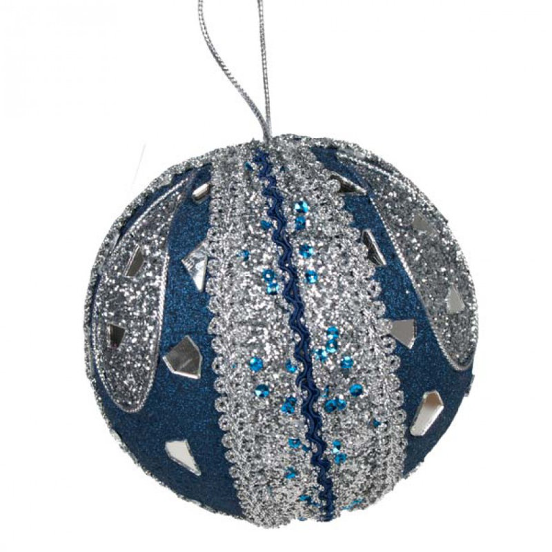 10cm Bauble, Dark Blue and Silver