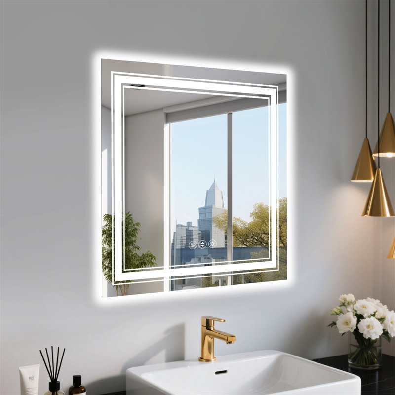 36X36 Inch Frameless LED Bathroom Mirror, Square, 36" x 36"