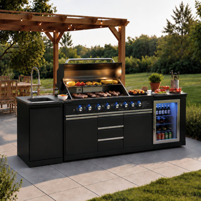 Ensemble d'îlot de cuisine extérieur modulaire 3 pièces avec barbecue à 8 brûleurs, réfrigérateur et roues Akoah