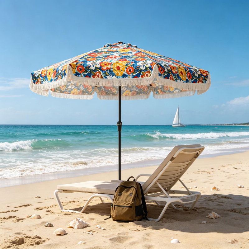 Parasol de patio à franges 9 pi avec manivelle pour piscine patio, L 108 po x P 108 po, Rouge / bleu marine floral