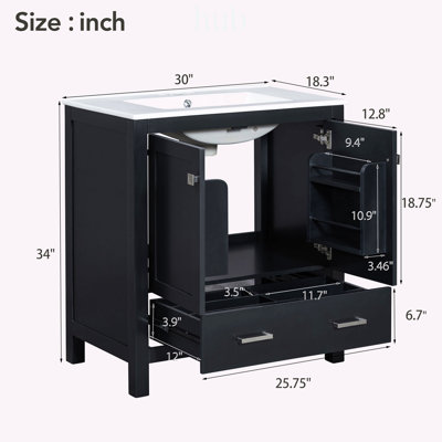 Meuble-lavabo de 30 po avec lavabo simple, armoire combinée, lavabo encastré et rangement multifonctionnel, portes et tiroir à fermeture douce, structure en bois massif