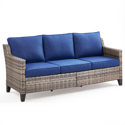 Harperayne 73.2" Wide Outdoor Wicker Patio Sofa With Thick Cushions & Ergonomic Back by Winston Porter