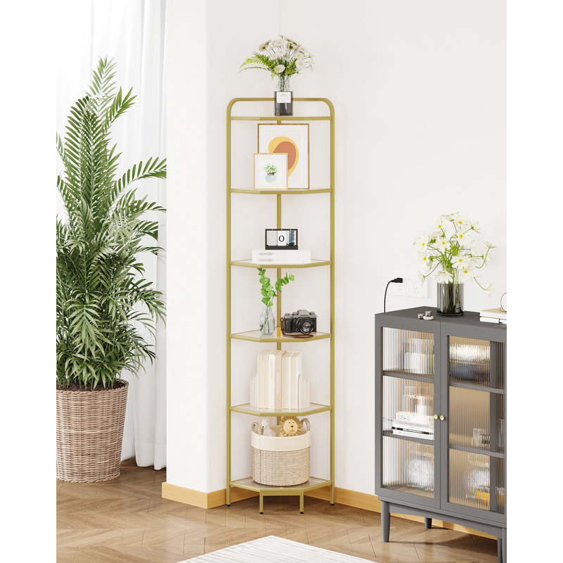 Corner Shelf Stand, 6-Tier Glass Bookshelf Bookcase, Bathroom Organizer, Plant Stand, Steel Frame, Tempered Glass, Modern Style for Living Room, Bathroom, Kitchen, Gold