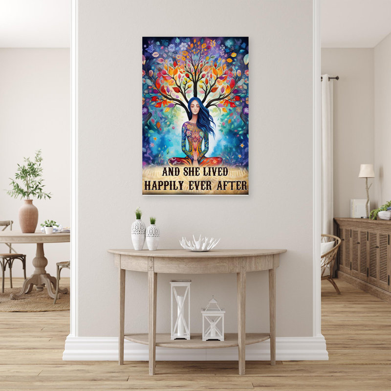 «Yoga And She Lived Happily», reproduction d'art graphique sur toile tendue, H 14 po x l 11 po x P 1,25 po