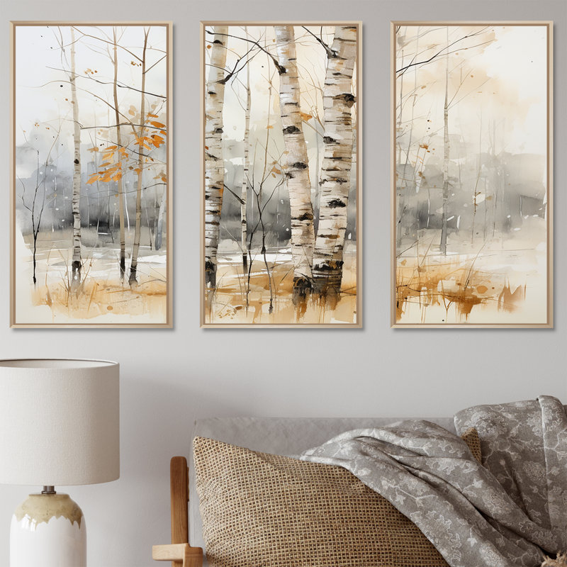 «Winter Birch Wood Forest I - Tree Birch», art mural, H 28 po x l 36 po x P 1 po, Cadre flottant érable