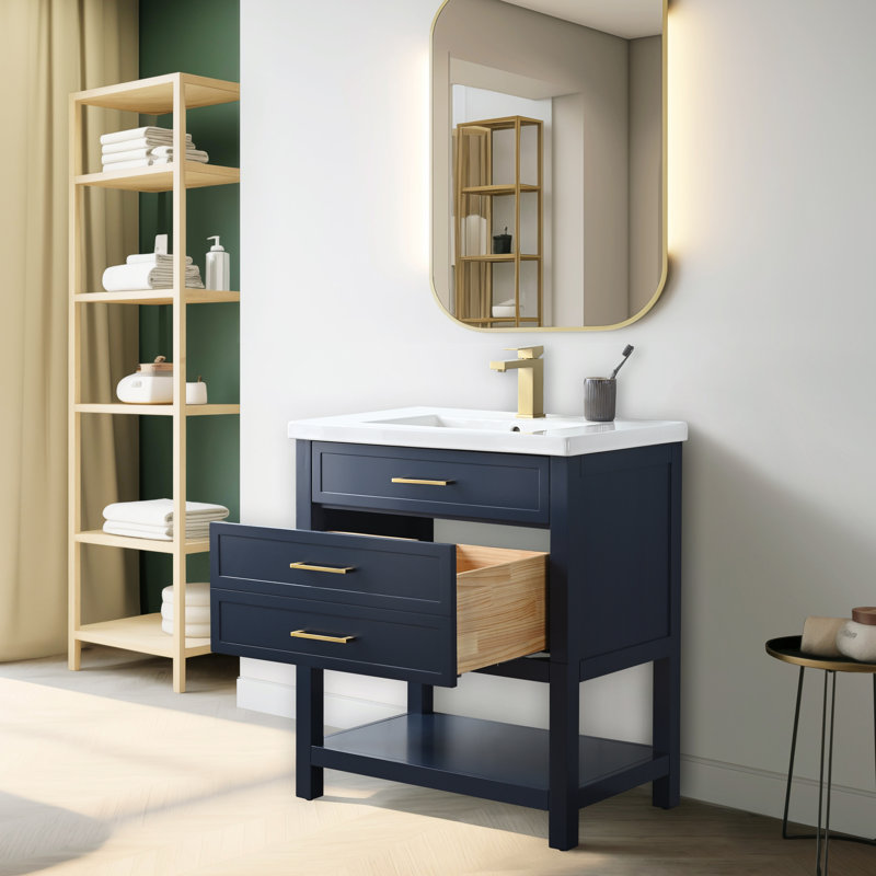 Meuble-lavabo simple 30 po avec comptoir en céramique Vicini, Bleu indigo / or brossé