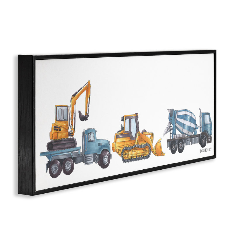 Construction Vehicles Driving Illustration Black Framed Giclee Art by Dishique, Midnight Black Framed Giclee