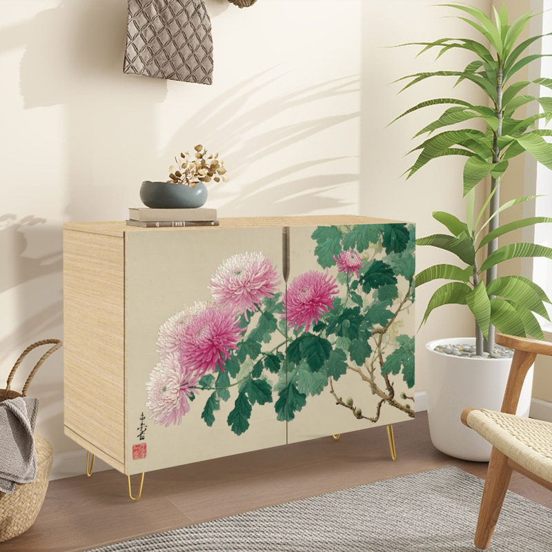 Buffet Buffet avec rangement Fleurs de chrysanthème rose, branches botaniques, feuilles vertes, avec 2 portes pour le salon et la cuisine