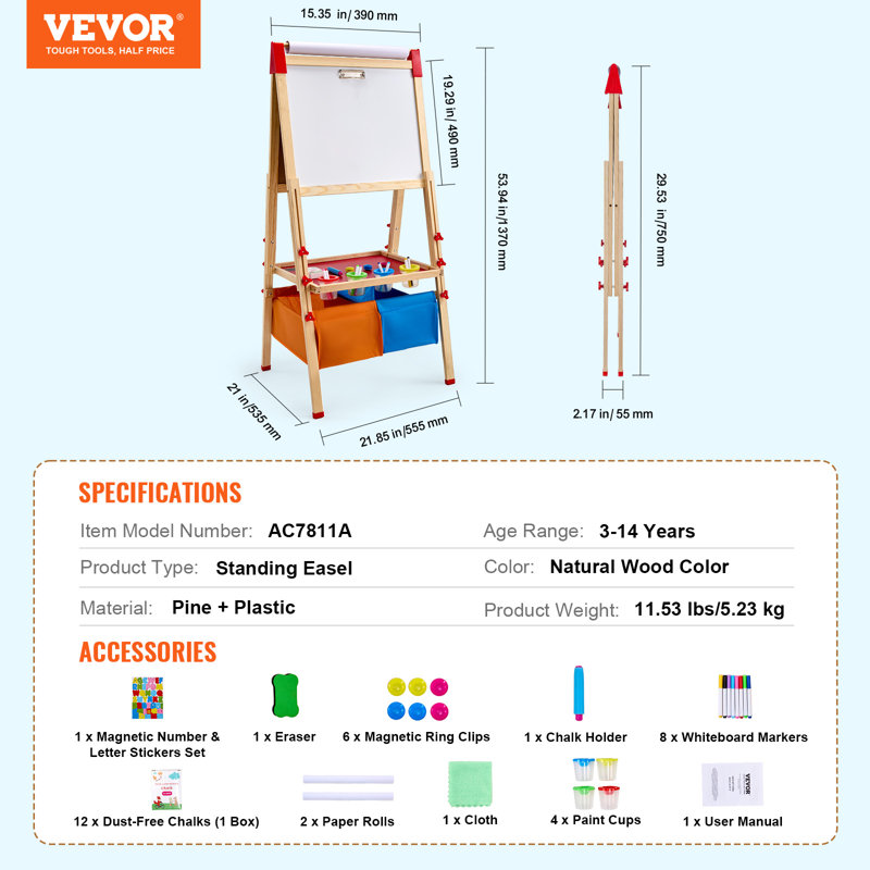 3-in-1 Kids Art Easel Double-Sided Wooden Magnetic Whiteboard Chalkboard