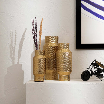 Vases décoratifs en aluminium à motif de mosaïque dorée - ensemble de 3, parfaits pour une décoration intérieure élégante et moderne