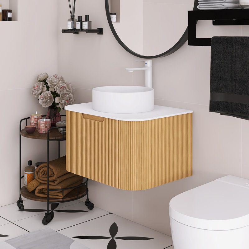 Meuble-lavabo mural 24 po avec bords arrondis et conception rayée, armoire de rangement avec tiroir, jumelé à un lavabo rond en céramique blanche