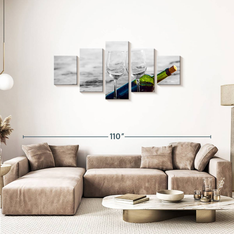 Ensemble de 5 pièces «Wine And Alco Wine By The Beach On Canvas», H 34 po x l 74 po