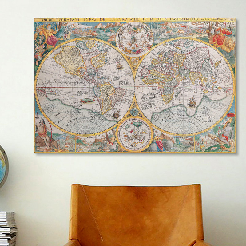 Carte antique du monde 1594, impression sur toile, H 40 po x l 60 po x P 1,5 po, Pas de tapis, Toile tendue