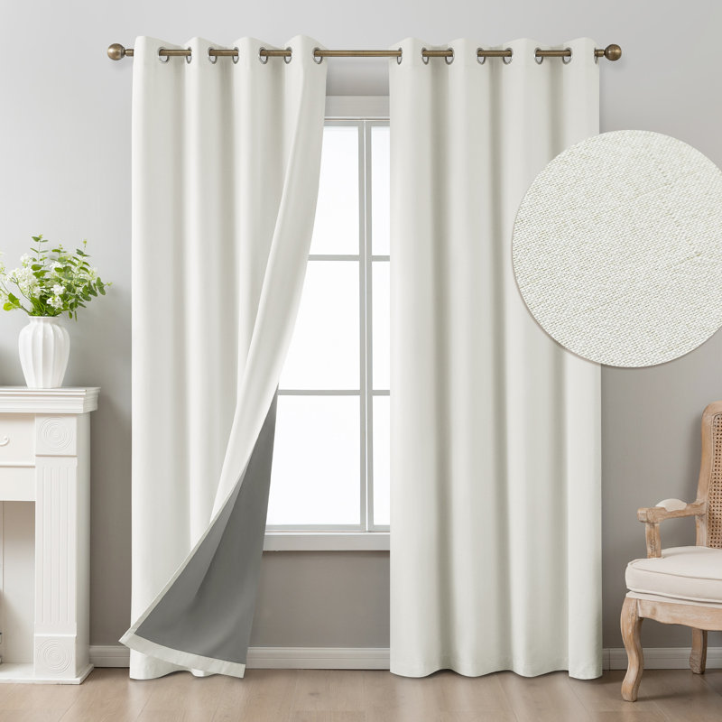 Jimmy Boho Faux Linen 100% Blackout With Liner Grommet Curtain Pair, Ivory, 52" W x 108" L