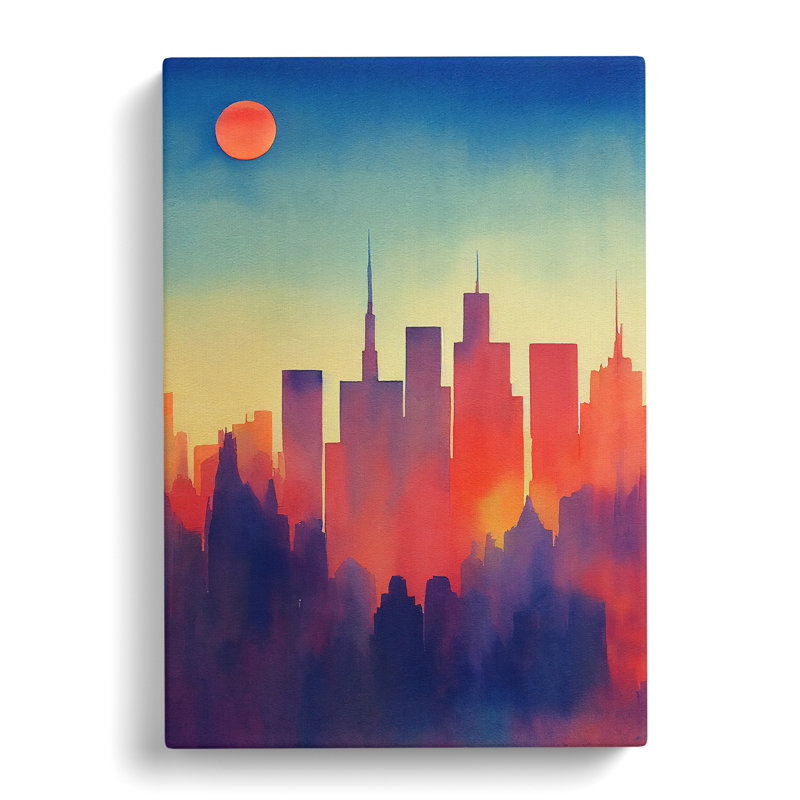 City Skyline Watercolour No.5 - Wall Art, Wrapped Canvas, 50cm H x 35cm W x 3cm D, White