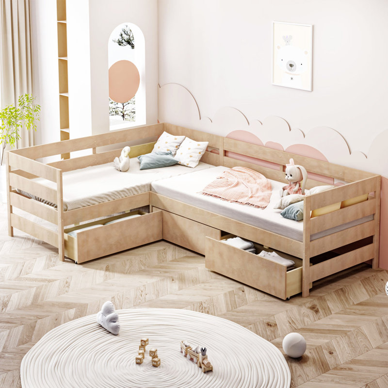 Lit plateforme en L avec trois tiroirs de rangement, Naturel