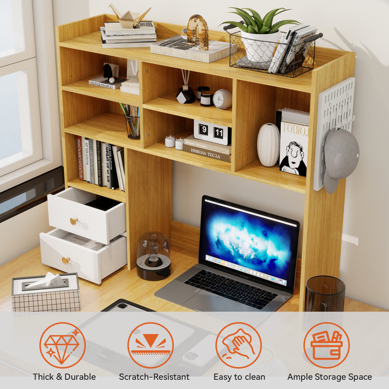 Desktop Bookshelf, Desk Shelf With 2 Drawers For Computer Desk, 36.22" 7-Tier Adjustable Desktop Hutch Organizer With Pegboard For Home Office
