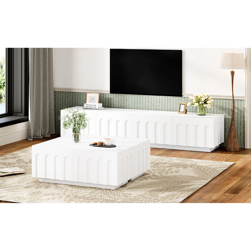 Elegant White Tv Stand & Coffee Table Pair, Dual - Purpose Center With Arched Drawer Style, Flexible Furniture For Home Organization Needs, 8 Spacious Drawers Keeping Neat, Crafted From And Ensemble,