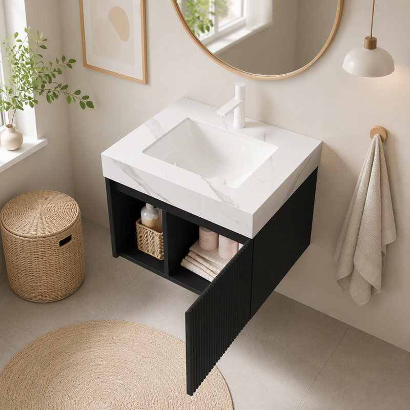 Meuble-lavabo flottant mural 24 po avec lavabo, noir, Black, 24", Light Gray