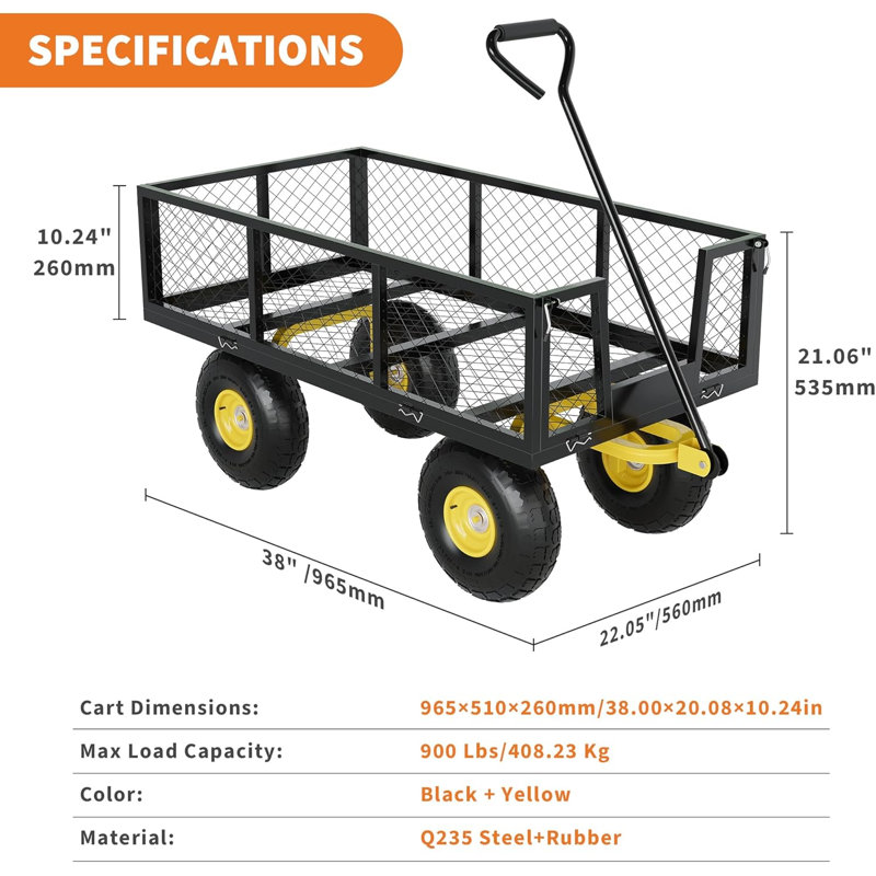 Chariot de jardin robuste, chariot en acier d'une capacité de 900 lb, roues tout-terrain de 10 po, poignée rotative, noir et jaune