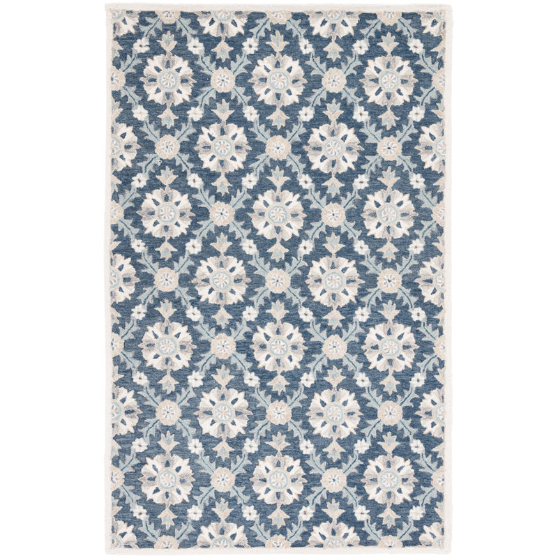 Martha Stewart Hand Tufted Wool/Cotton Damask Rug in Blue/Ivory, Rectangle 8" x 10"
