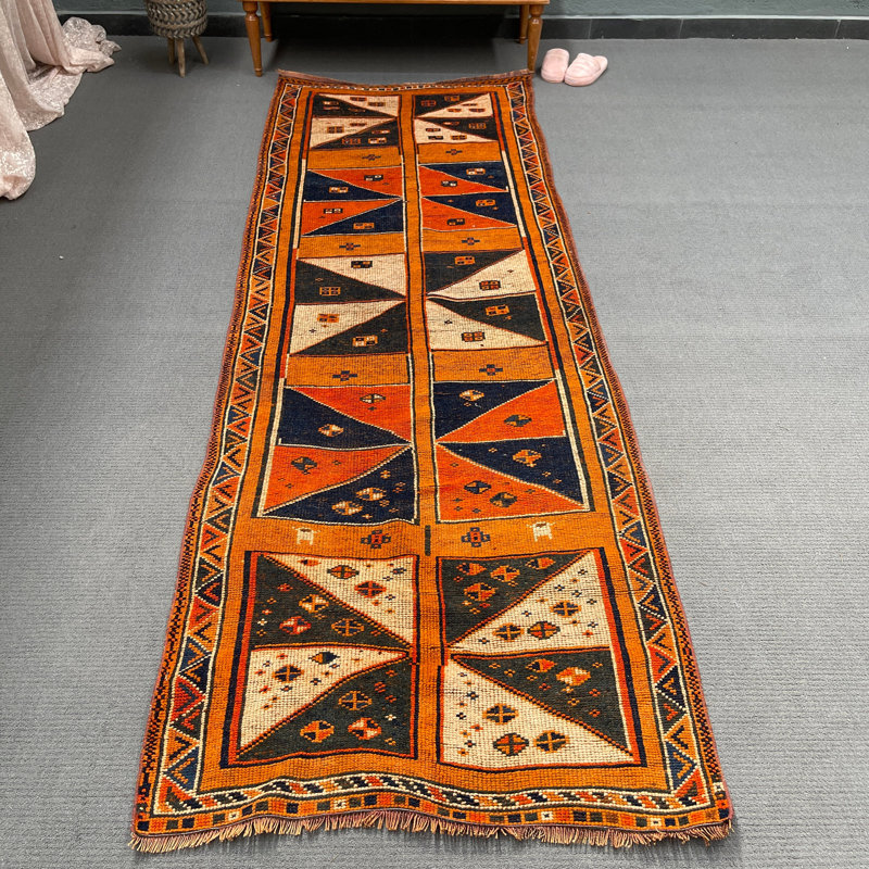 Traditional Wool Runner Rug, 1.3 x 3.8 Ft Orange Patchwork