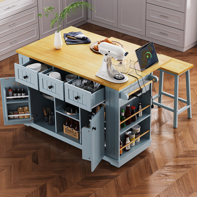 53Inch Large Kitchen Island With Drop Leaf,Power Outlet,Door Internal Storage Rack,Rolling Kitchen Cart On 5 Wheels With 5 Open Side Racks For Kitchen,Dining Room,Grey Blue(Not Include Bar Stools)