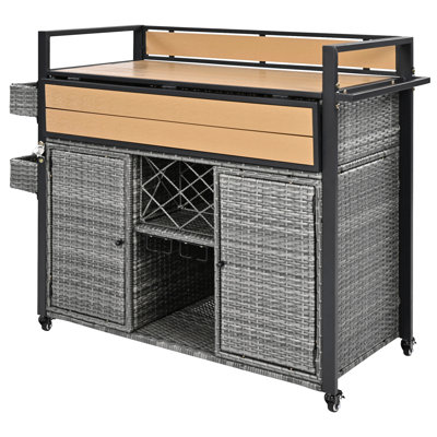 Hokku Designs 52.8"W Wicker Outdoor Grill Cart With Extended Plastic Wood Table Top, Rolling Kitchen Island On Wheels With Storage Cabinet, For Patio Backyard Garde