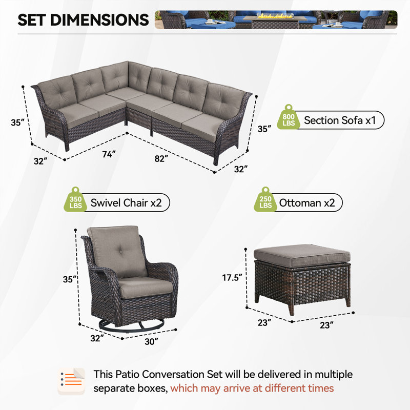 6-Piece Outdoor PE Rattan Sectional Seating Group With Cushions, Gray, Brown