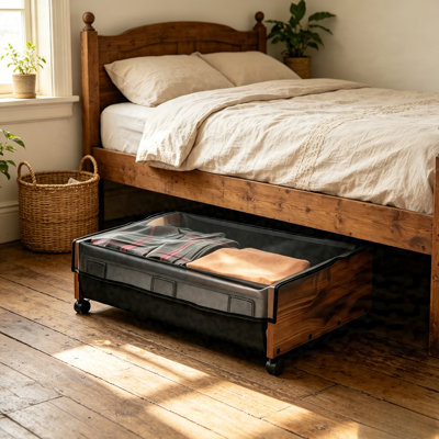 Rolling Under‑Bed Clothing Storage Drawer with Wheels, Metal Frame Construction with MDF Board, Underbed Organizer with Transparent Mesh Cover for Bedroom Blankets, Bedding and Linens