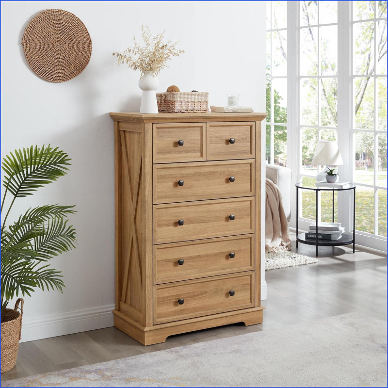 Dresser 6 Drawer Farmhouse Modern Walnut Brown Wood Grain, 31.5”L x 15.75”W x 47.64”H | MDF | Bedroom, Oak