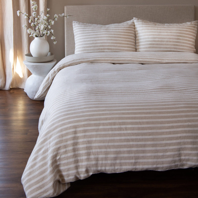100% French Linen Duvet Cover & Sham Set, Twin Duvet Cover + 1 Standard Pillow Sham, Putty & Cream Stripe