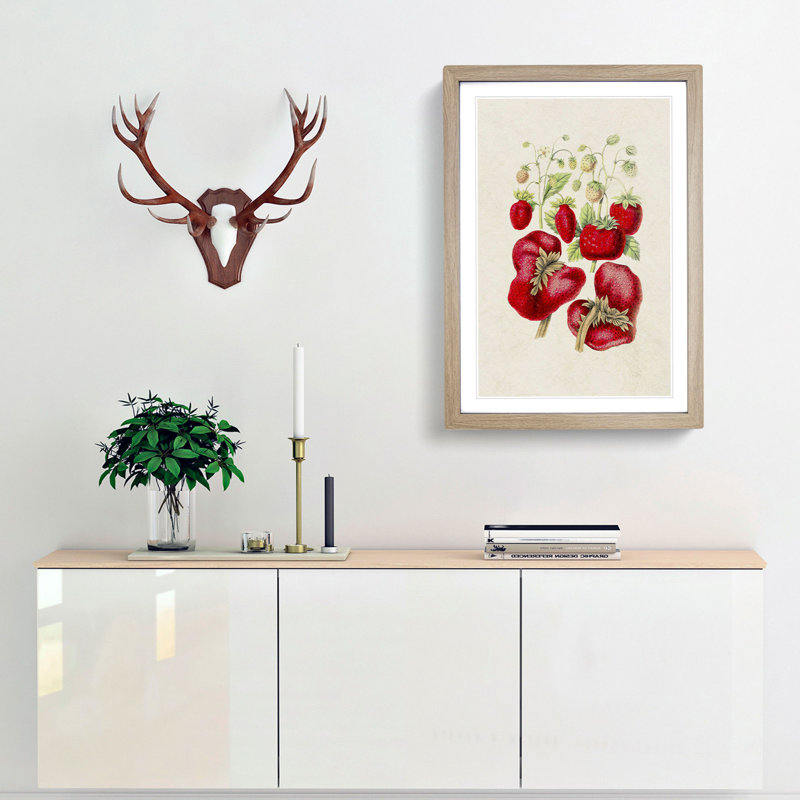 Illustration of Strawberry Plants - Framed Print, 36cm H x 27cm W x 2cm D, Oak Framed