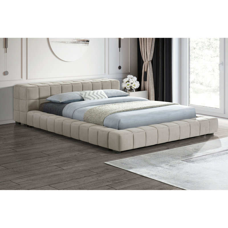 Lit plateforme double tapissier taupe clair Kinsley