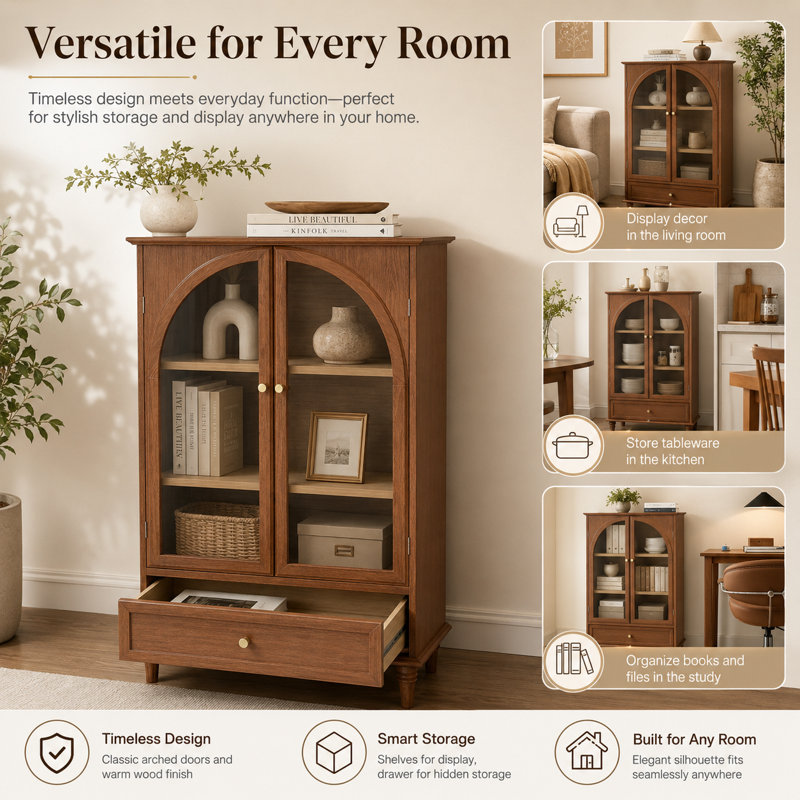 Armoire de rangement rétro avec portes en verre arquées pour la cuisine, noyer