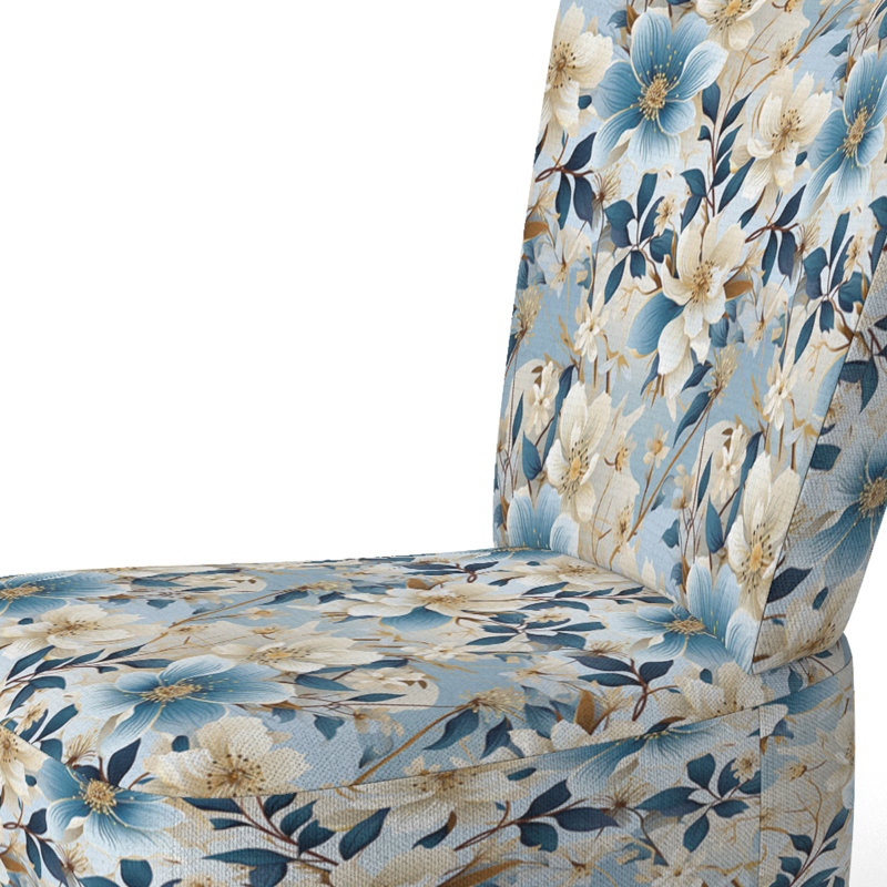 Chaise d'appoint rembourrée blanche et bleue à motif floral