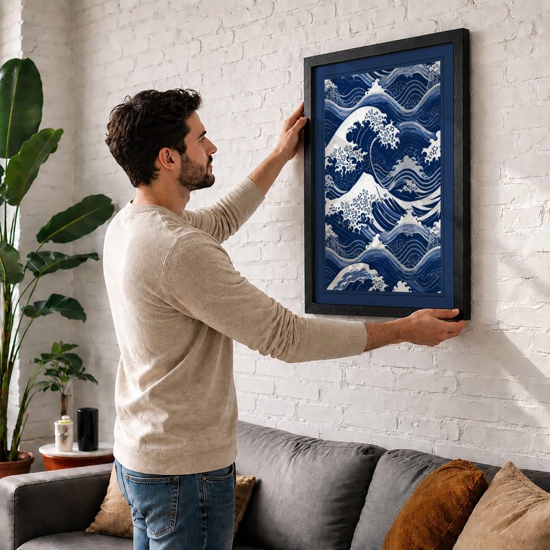 Waves in Motion Japandi - Framed Print, A2 - 59.4 x 42.0 cm, Black