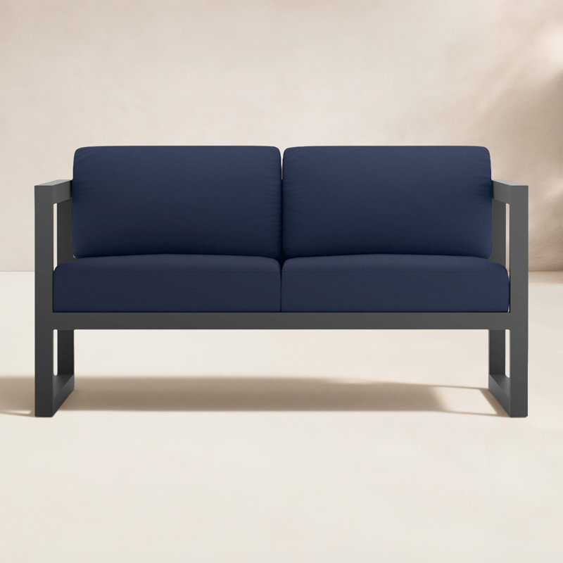 Smith 57.5'' Wide Straight Powder Coated Aluminum Loveseat with Sunbrella® Cushions, Canvas Heather Beige Sunbrella® Canvas