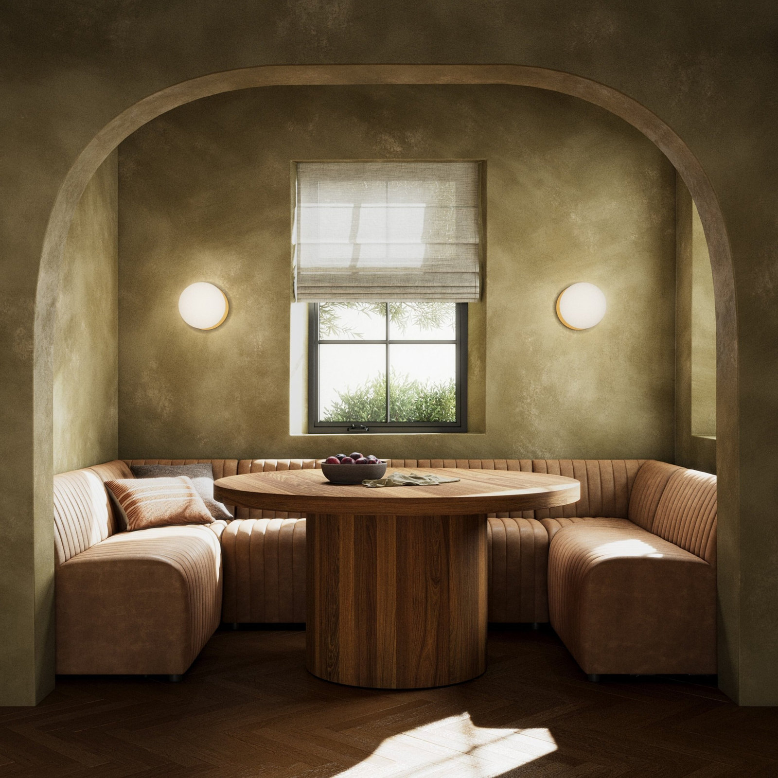 Brandt Dining Banquette U Shape -Palermo Drift, 31.5" H x 119.5" W x 66.5" D