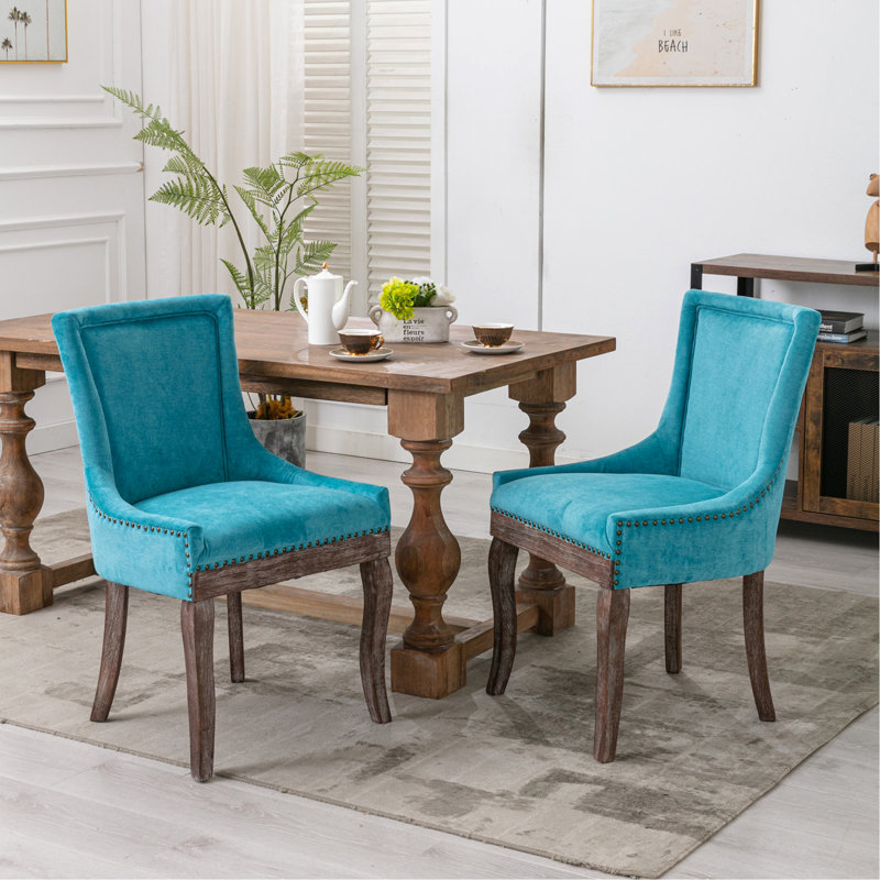  Chaise de salle à manger latérale, chaises en tissu épaissi avec pieds en bois massif aux tons neutres, tête de clou en bronze, ensemble de 2, bleu