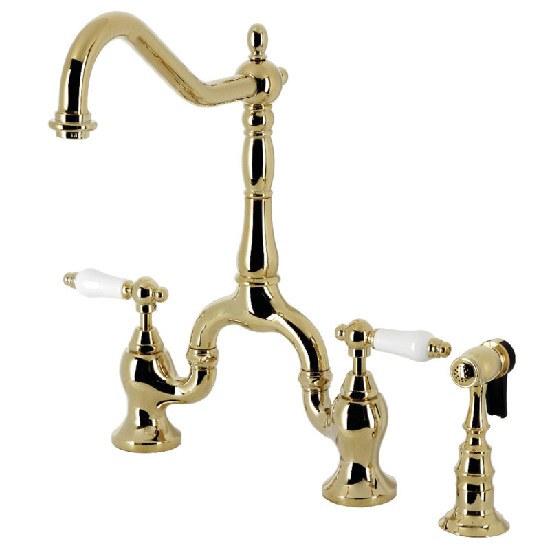 Kingston Brass English Country Two-Handle 3-Hole Deck Mount Bridge Kitchen Faucet with Brass Side Sprayer, Polished Brass