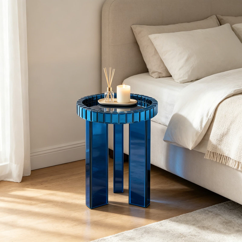Table de bout à miroir bleu, table d'appoint ronde en verre de 23 pouces avec trois pieds, table d'appoint moderne pour le salon, la chambre à coucher ou le vestibule