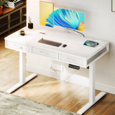 Electric Standing Desk With 3-tier Spacious Fabric Drawers, Height Adjustable Desk With Recessed Power Outlets, Sit Stand Table With Hidden Cable Management Tray 