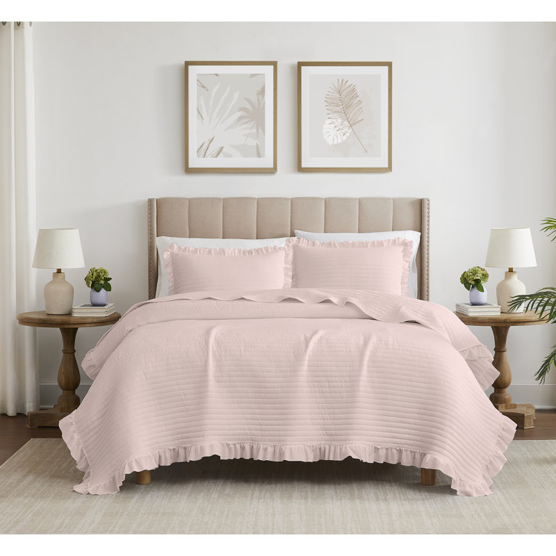 Ensemble de courtepointe en polyester 3 pièces Carla, Courtepointe grande + 2 taies décoratives, Rose