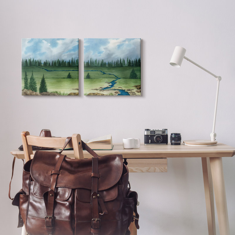 «Distant Stream Trees Nature Landscape» par Grace Popp - peinture 2 pièces, H 17 po x l 34 po x P 1,5 po, Toile tendue
