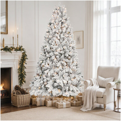 Arbre de Noël 9 pi avec 750 lumières UL et 63 pommes de pin naturelles - pointes en PVC enneigées, 2095 pointes, structure articulée, support en métal stable, installation facile